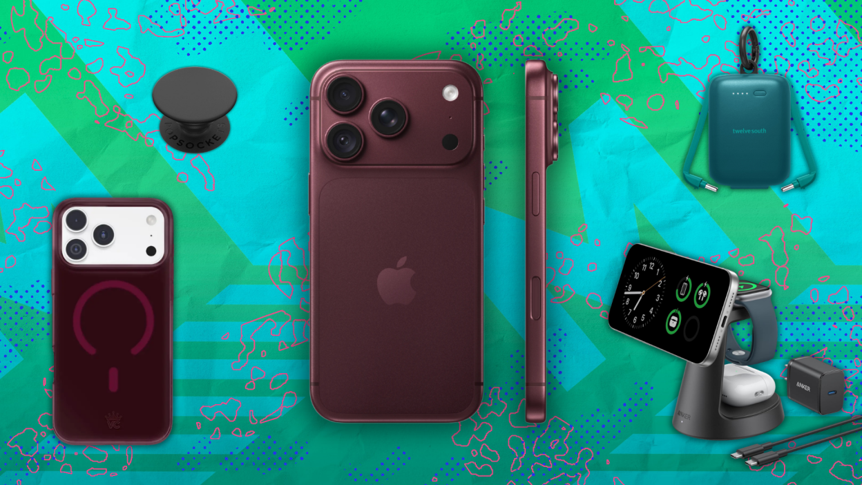 An iPhone surrounded by accessories