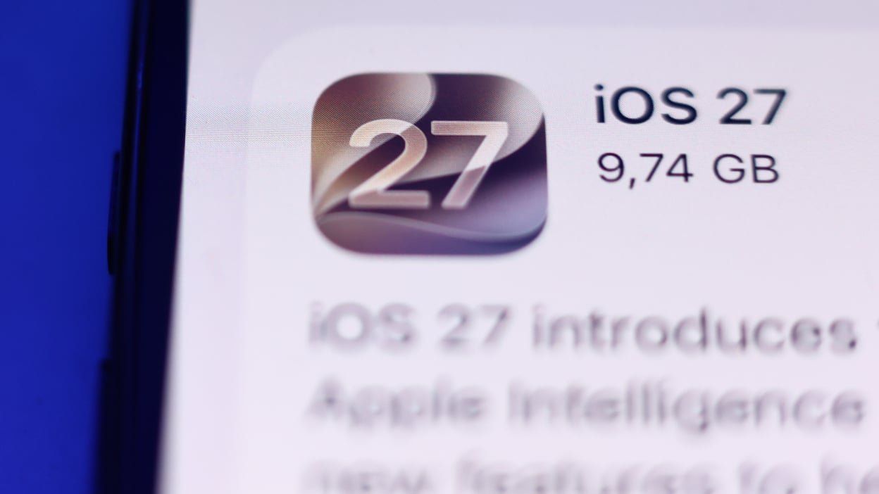 Apple iOS 27 update is seen displayed on a phone screen in this illustration photo