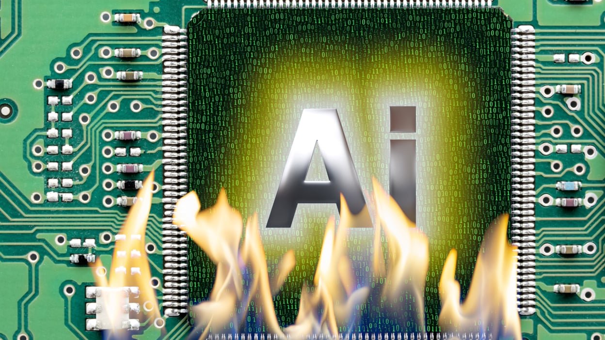  Printed circuit board with state-of-the-art chip for Artificial Intelligence caught fire due to a fault or short circuit.
