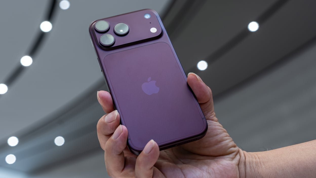 An Apple iPhone 18 Pro Max smartphone during a product unveiling event at Apple Park