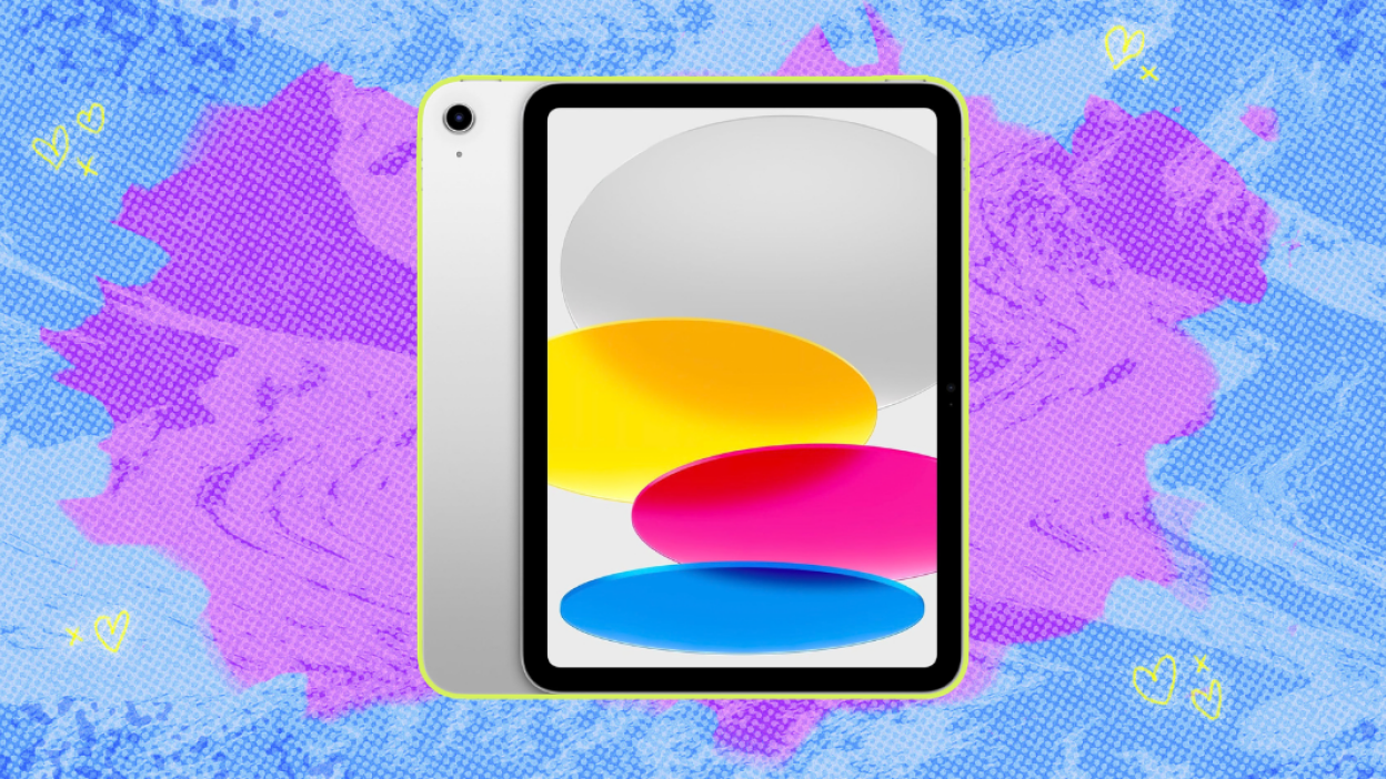11-inch Apple ipad against a colorful background. 