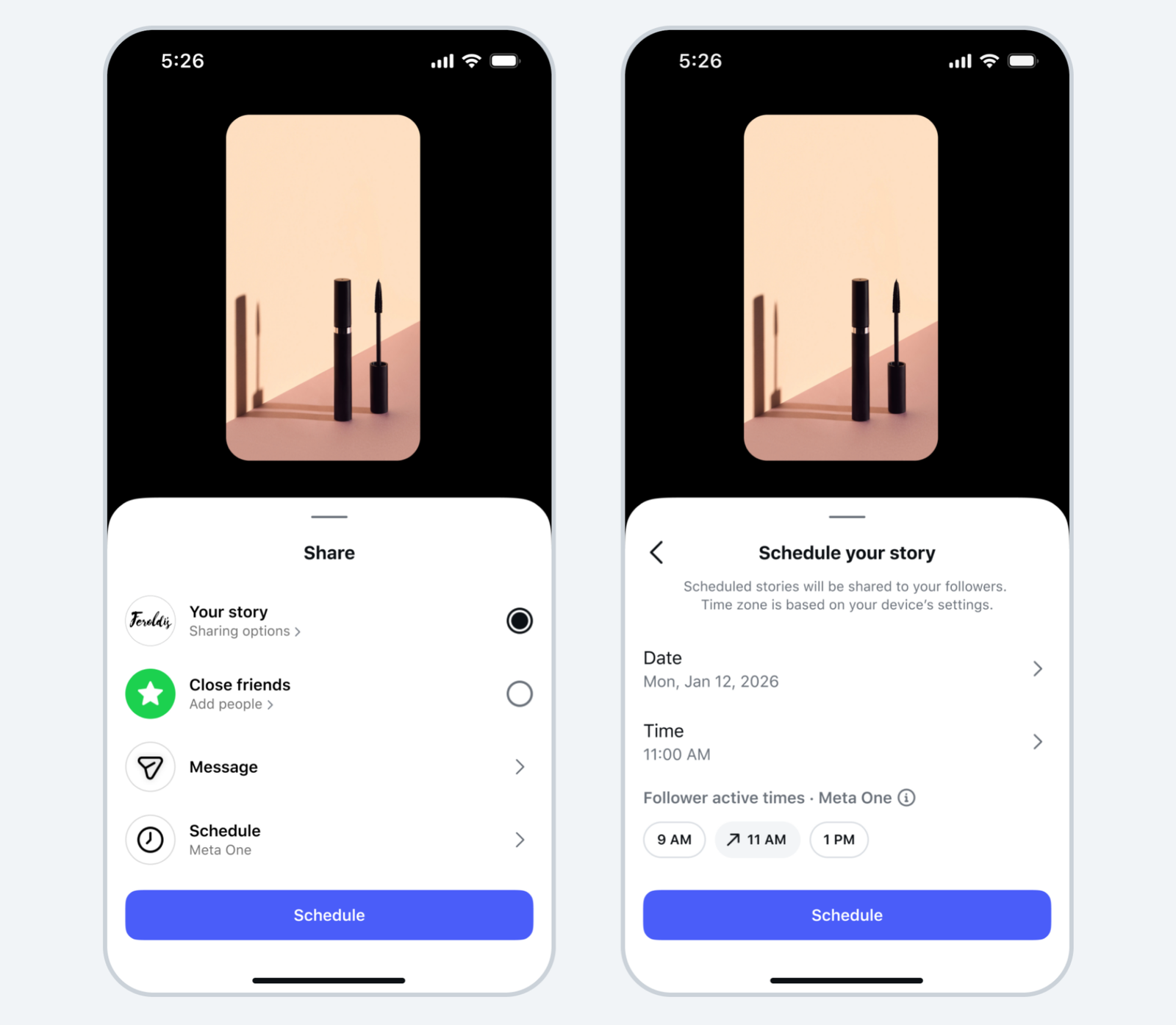Two Instagram screens show Meta One’s Story scheduling feature, with date and time settings and suggested publishing times based on follower activity.