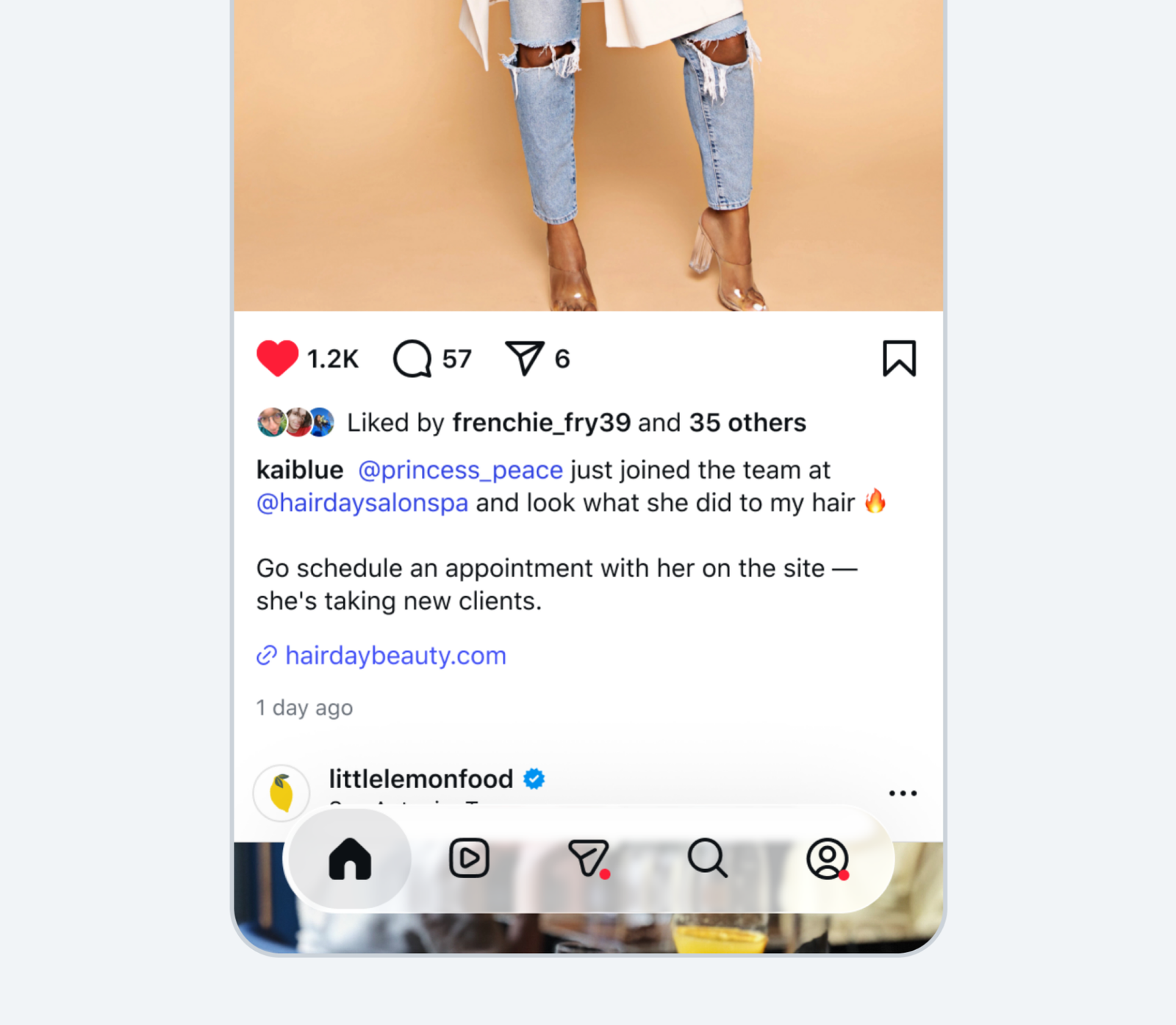 Instagram post demonstrating Meta One’s clickable links feature, with a salon website link beneath a caption encouraging viewers to book an appointment.